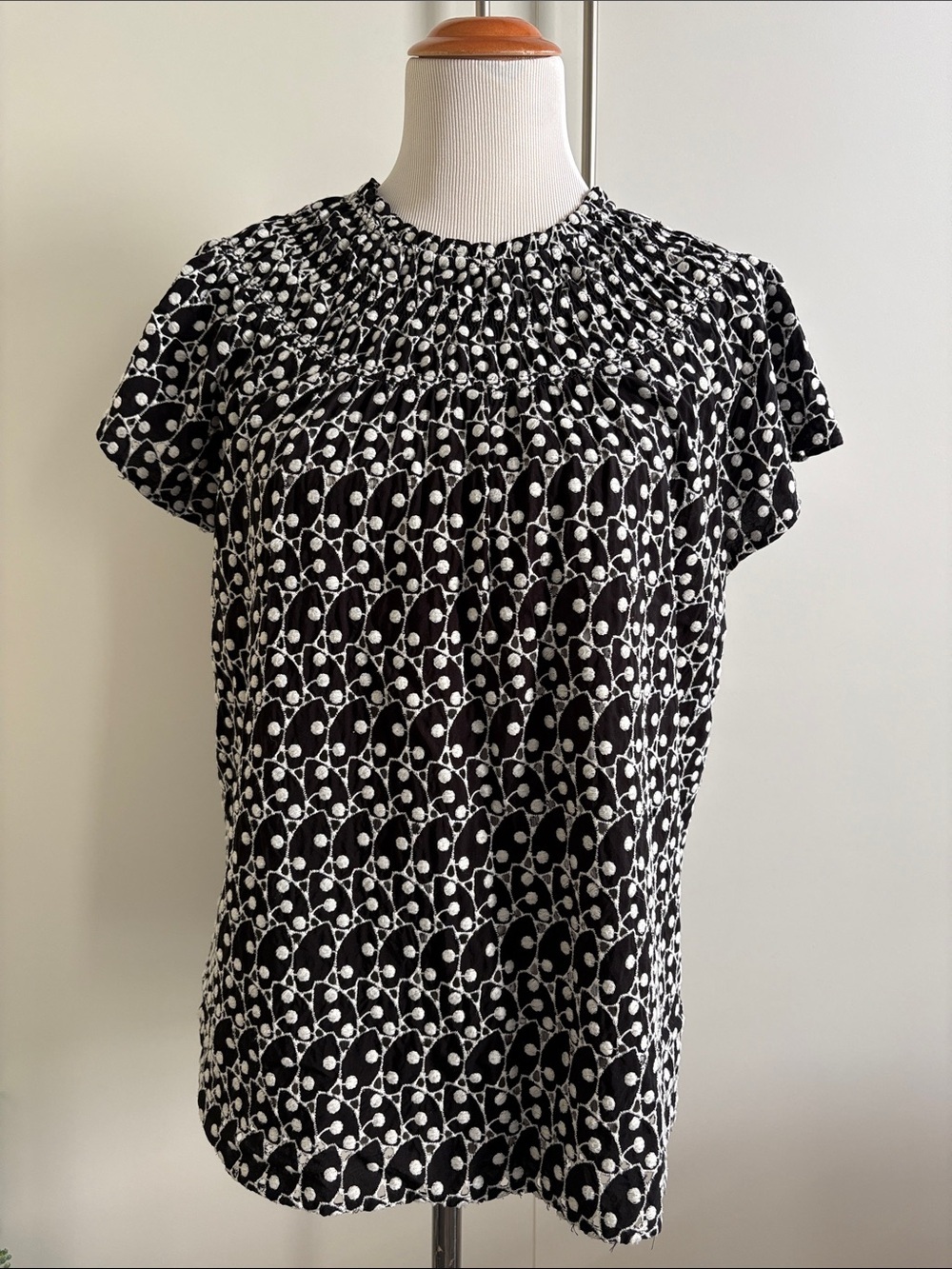 Black & White A-Line Eyelet Smocked Neck Women’s Top L